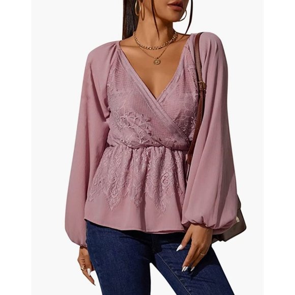 Pink Lace Chiffon V-Neck Wrap Peplum Long Bishop Sleeve Dressy Top Blouse - Picture 5 of 7